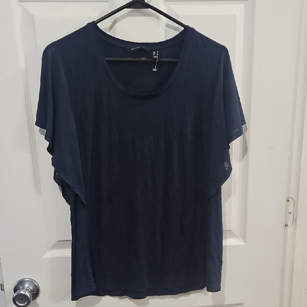 H by Halston Womens Navy Scoop Neck Short Sleeve Top S Draped Minimalist